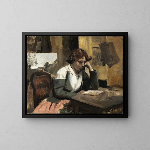 Nainen lukemassa ateljeessa - Jean-Baptiste-Camille Corot — kehystetty taideteos seinällä