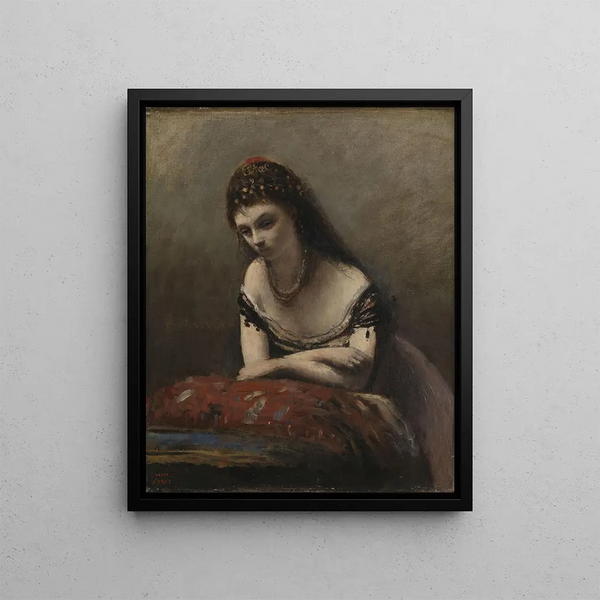 Nuori nainen nojaten tyynyyn - Jean-Baptiste-Camille Corot — kehystetty taideteos seinällä