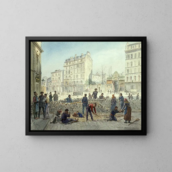 Barricade sous la Commune, place Blanche - Jean-Baptiste-François Arnaud-Durbec — kehystetty taideteos seinällä