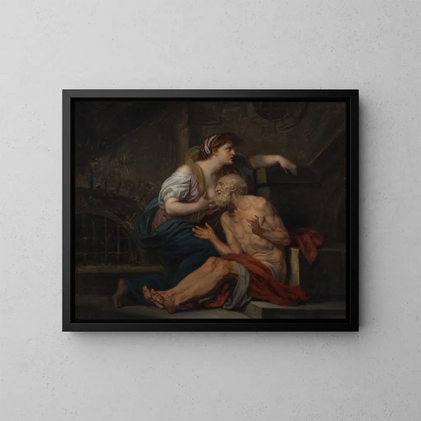 Cimon ja Pero, roomalainen hyväntekeväisyys - Jean-Baptiste Greuze — kehystetty taideteos seinällä