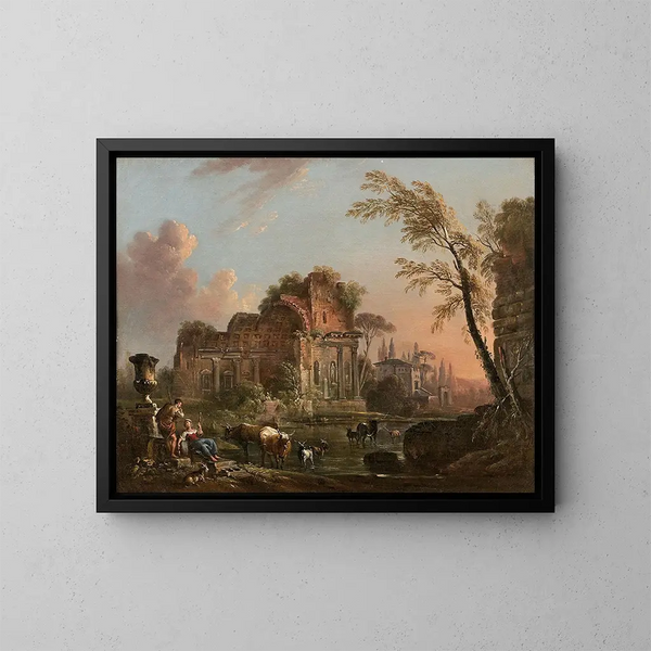 Bergers près de ruines antiques dans un paysage - Jean-Baptiste Lallemand — kehystetty taideteos seinällä