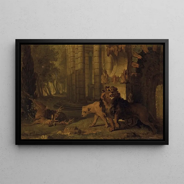Atalante ja Hippomène-maalaus muokattu leijoniksi - Jean-Baptiste Oudry — kehystetty taideteos seinällä