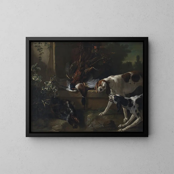 Koirat ja metsästysriistaa ja villieläimiä - Jean-Baptiste Oudry — kehystetty taideteos seinällä