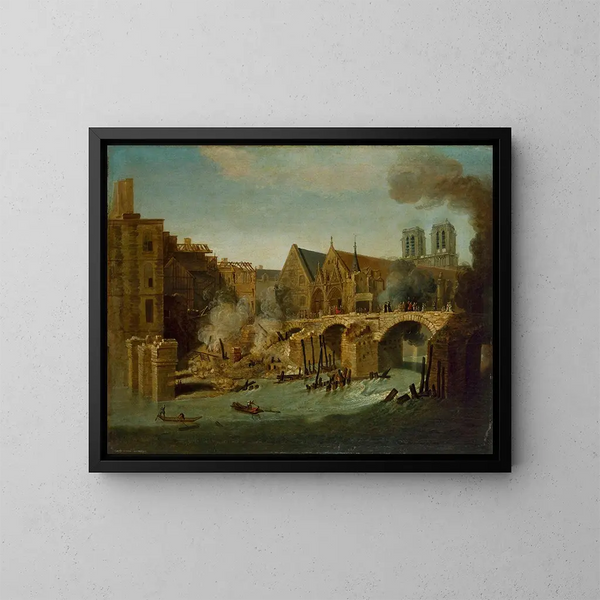 Le Petit Pont après l'incendie de 1718 - Jean-Baptiste Oudry — kehystetty taideteos seinällä