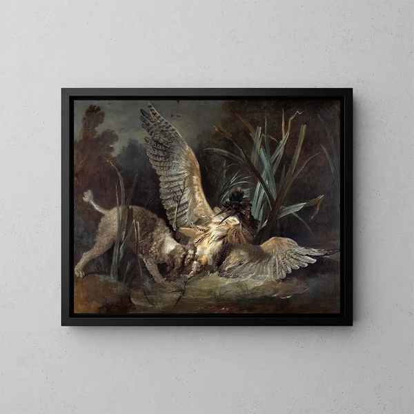 Épagneul saisissant un butor - Jean-Baptiste Oudry — kehystetty taideteos seinällä