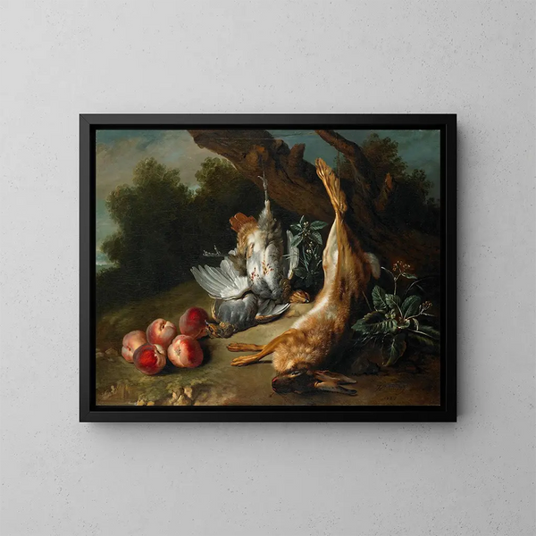 Luontoaihe kuolleen riistan ja persikoiden kanssa maisemassa - Jean-Baptiste Oudry — kehystetty taideteos seinällä