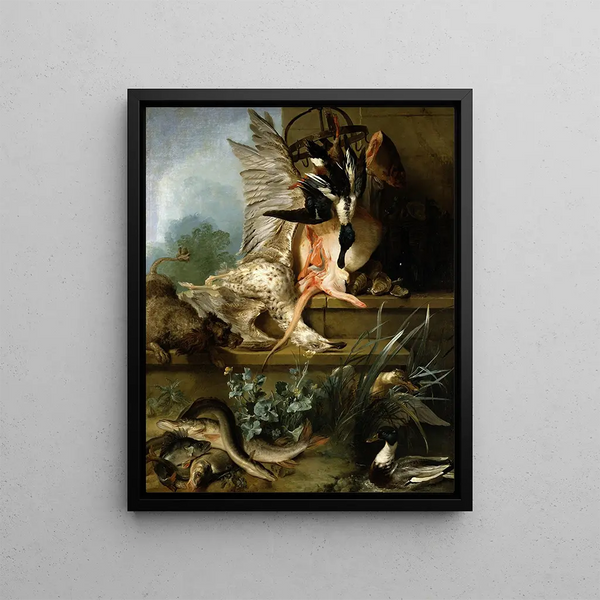 Luontoaiheinen asetelma spanielin kanssa, joka metsästää ankkoja - Jean-Baptiste Oudry — kehystetty taideteos seinällä