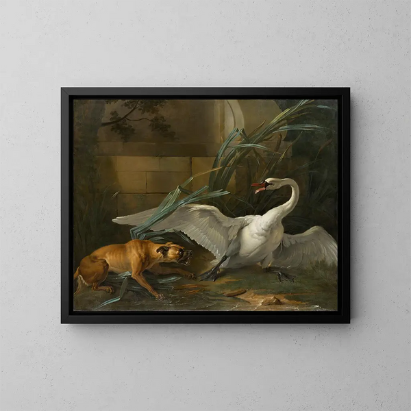 Cygne attaqué par un chien - Jean-Baptiste Oudry — kehystetty taideteos seinällä