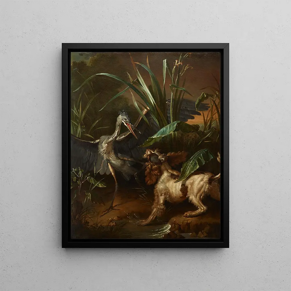 Epagneul d'eau face à un héron - Jean-Baptiste Oudry — kehystetty taideteos seinällä