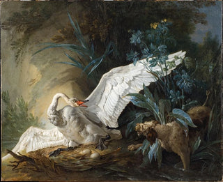 Yllättävä vesikoira ja joutsen pesässään - Jean-Baptiste Oudry — näkymä teoksesta