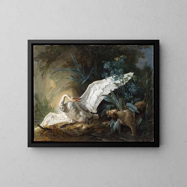 Yllättävä vesikoira ja joutsen pesässään - Jean-Baptiste Oudry — kehystetty taideteos seinällä