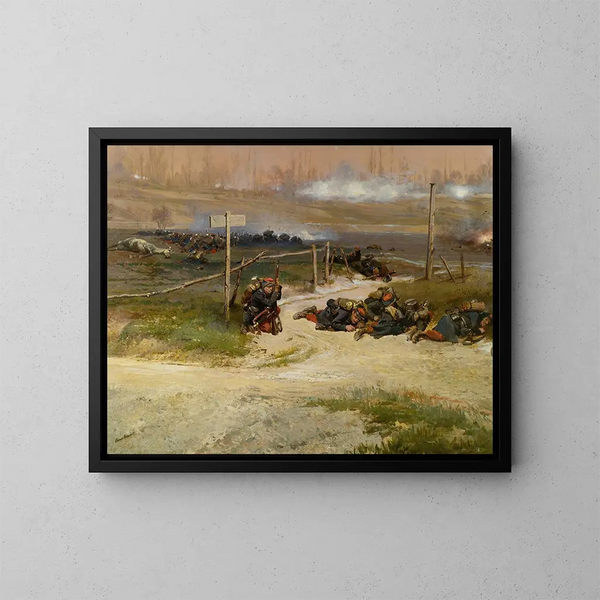 "Au pied du poteau, fragment du panorama de la bataille de Champigny" - Jean-Baptiste Édouard Detaille — kehystetty taideteos seinällä