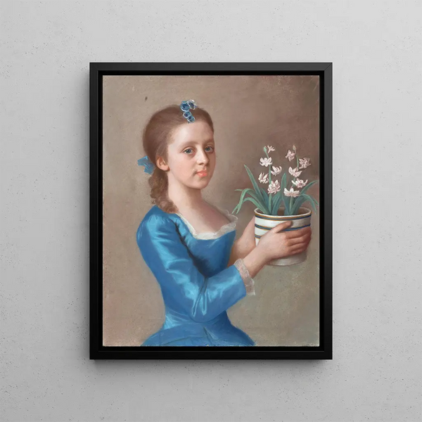 Nuori tyttö, joka pitää jasmijnipottia - Jean-Étienne Liotard — kehystetty taideteos seinällä