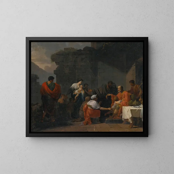 Belisaire vastaanottaa vieraanvaraisuutta maanviljelijältä - Jean-François-Pierre Peyron — kehystetty taideteos seinällä