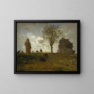 Maisema- syksyisestä maisemasta, jossa on hanhiparvi - Jean-François Millet — kehystetty taideteos seinällä