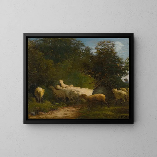 Moutons paissant le long d'une haie - Jean-François Millet — kehystetty taideteos seinällä