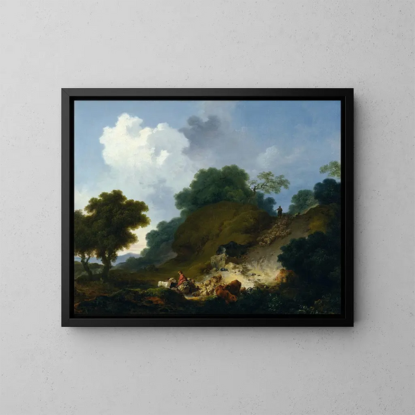 Maisema paimenilla ja lammaslaumulla - Jean-Honoré Fragonard — kehystetty taideteos seinällä