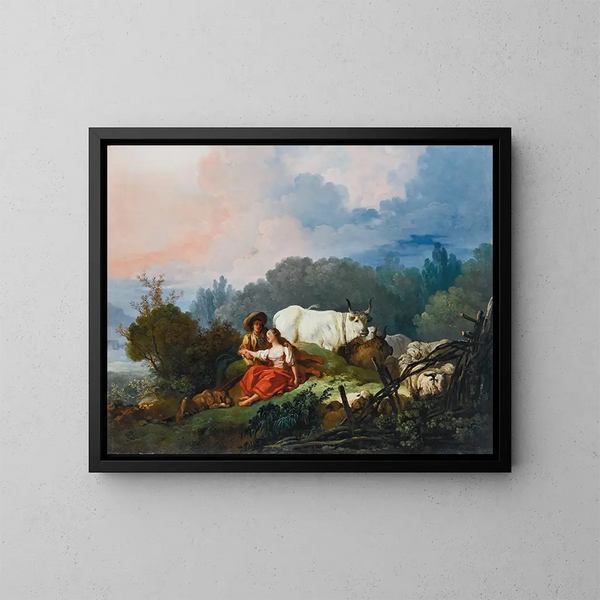 Maisemakuva laitumella paimenella ja paimenneidolla levossa - Jean-Honoré Fragonard — kehystetty taideteos seinällä