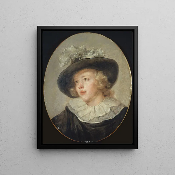 Muotokuva nuoresta pojasta höyhentä sisältävällä hatulla - Jean - Honoré Fragonard — kehystetty taideteos seinällä
