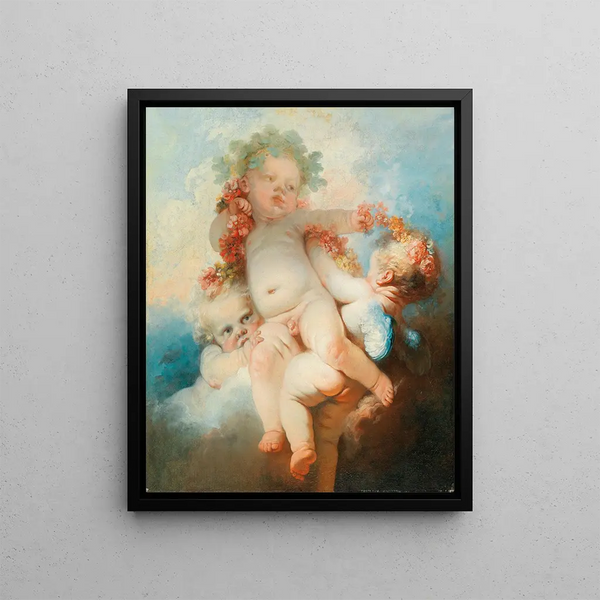 Trois putti couronnés de fleurs - Jean-Honoré Fragonard — kehystetty taideteos seinällä