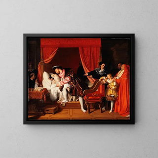 François I:n maalaus vastaanottaa Leonardo da Vincin viimeiset huokaukset - Jean-Auguste-Dominique Ingres — kehystetty taideteos seinällä