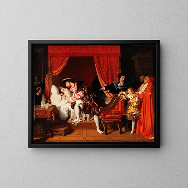 François I:n maalaus vastaanottaa Leonardo da Vincin viimeiset huokaukset - Jean-Auguste-Dominique Ingres — kehystetty taideteos seinällä