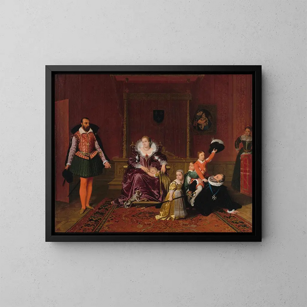 Henri IV maalaus leikkimässä lastensa kanssa samalla, kun Espanjan suurlähettiläs hyväksytään hänen läsnäollessaan - Jean-Auguste-Dominique Ingres — kehystetty taideteos seinällä