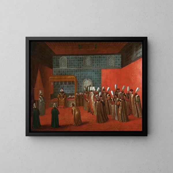 L:n lähettiläs Cornelis Calkoen hänen audienssissaan sulttaani Ahmed III:n kanssa - Jean-Baptiste Vanmour — kehystetty taideteos seinällä