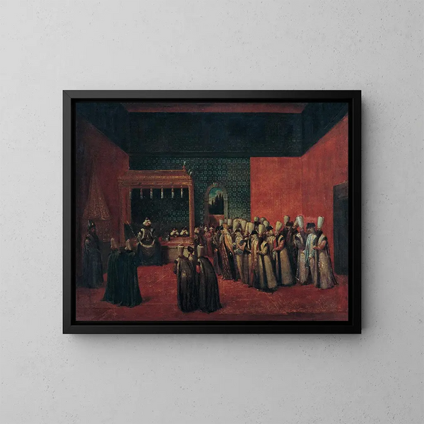 Sultan Ahmed III vastaanottamassa eurooppalaista lähettilästä - Jean-Baptiste Vanmour — kehystetty taideteos seinällä