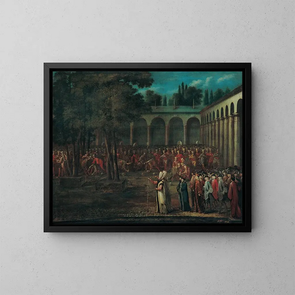 La délégation ambassadrice traversant le toinen cour de palais de Topkapi - Jean-Baptiste Vanmour — kehystetty taideteos seinällä