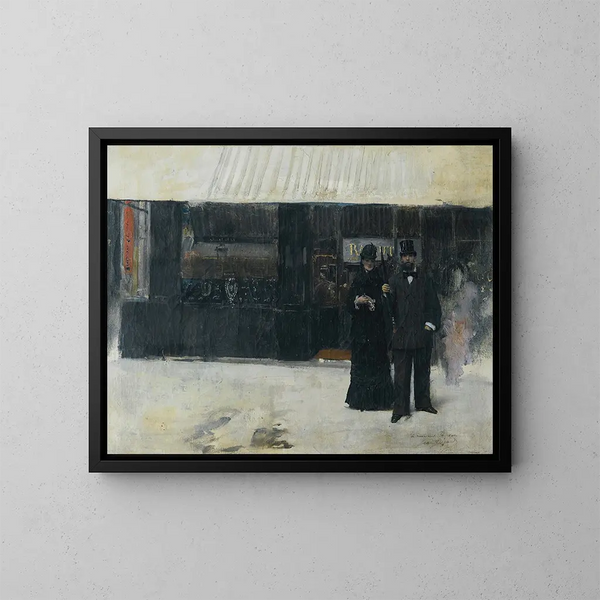 Pariskunta kauppaliikkeen edessä - Jean Béraud — kehystetty taideteos seinällä
