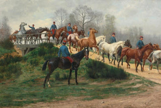 Jean Richard Goubie - Soldiers leading horses over a bridge.webp
