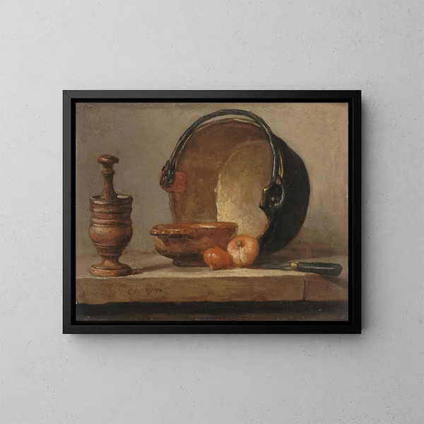 Luontokuvan kuolleesta luonnosta kuparipadan kanssa - Jean Siméon Chardin — kehystetty taideteos seinällä