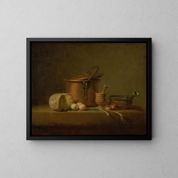 luonnonkuvaus kupariruukulla, juustolla ja munilla - Jean Siméon Chardin — kehystetty taideteos seinällä