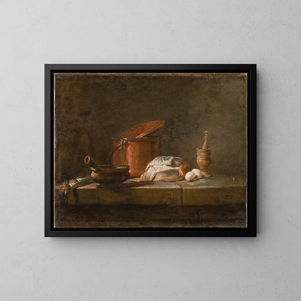 Luontoaiheinen asetelma keittiövälineillä ja vihanneksilla - Jean Siméon Chardin — kehystetty taideteos seinällä
