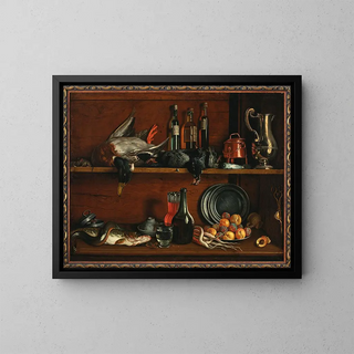 Cabinet trompe-l'œil dans le garde-manger avec des oiseaux sauvages, des poissons et des fruits - Jean Valette-Falgores — kehystetty taideteos seinällä