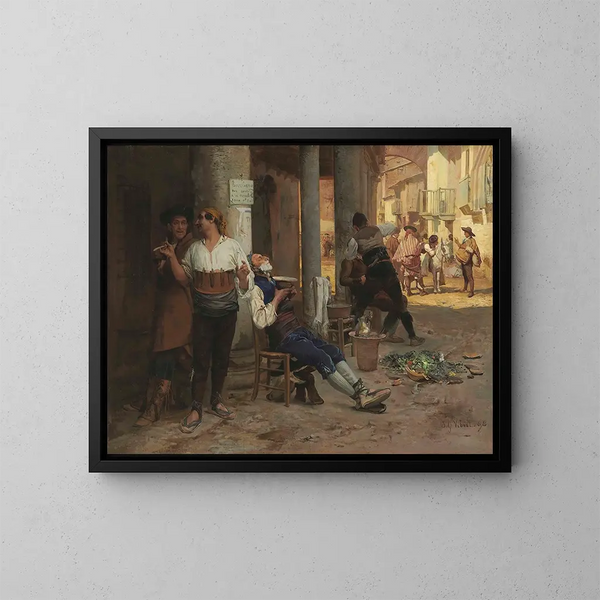 Barbier ambulant en Espagne - Jehan Georges Vibert — kehystetty taideteos seinällä