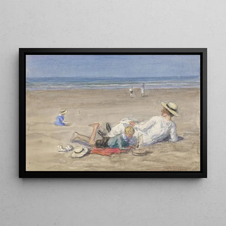 Johan Antonie de Jonge - Rustend kindermeisje met twee kinderen op het strand.webp