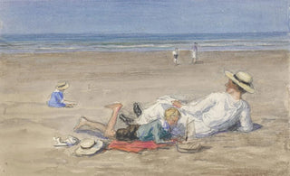 Johan Antonie de Jonge - Rustend kindermeisje met twee kinderen op het strand.webp
