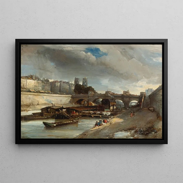 Bateau-Lavoir lähellä Pont-Neufi Pariisissa - Johan Barthold Jongkind — kehystetty taideteos seinällä