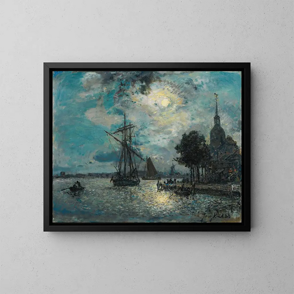 Le port de Dordrecht au clair de lune - Johan Barthold Jongkind — kehystetty taideteos seinällä