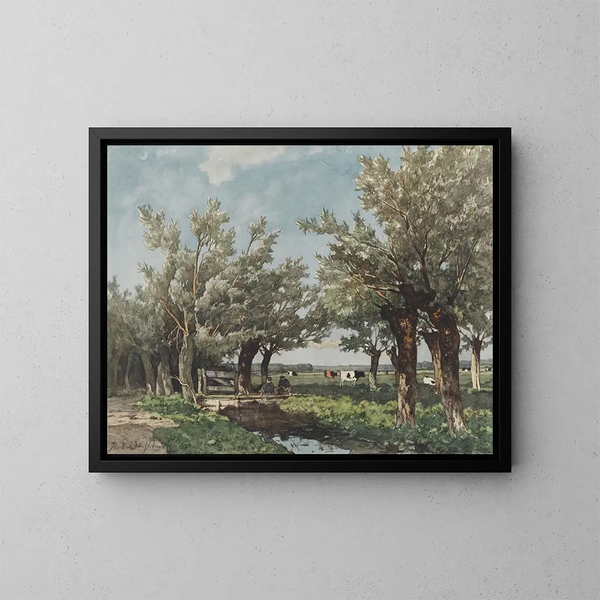 maisemasta joella, jossa kaksi poikaa kalastaa - Johan Hendrik Weissenbruch — kehystetty taideteos seinällä
