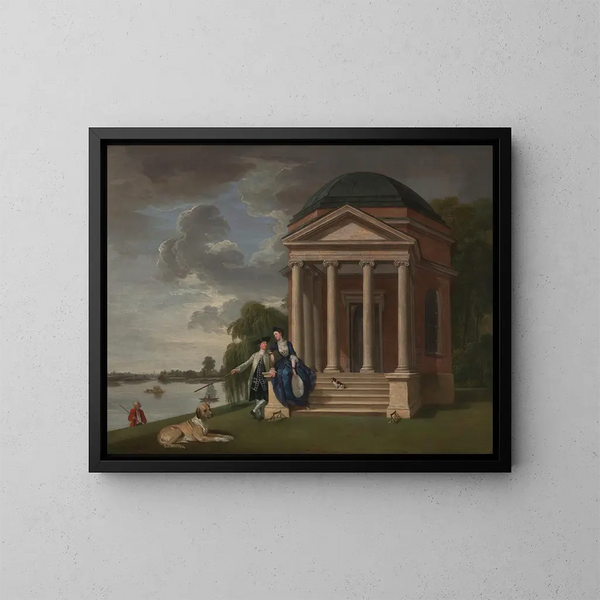 David Garrick ja hänen vaimonsa Shakespeareen omistautuneen temppelin edessä Hamptonissa - Johan Joseph Zoffany — kehystetty taideteos seinällä
