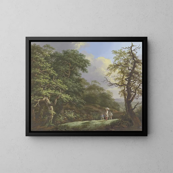 Chêne au premier plan, une femme avec un panier sur la tête accompagnée d'un homme et d'un garçon - Johann Albrecht Friedrich Rauscher — kehystetty taideteos seinällä