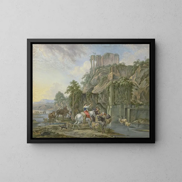 Bergers près d'une fontaine romaine - Johann Albrecht Friedrich Rauscher — kehystetty taideteos seinällä
