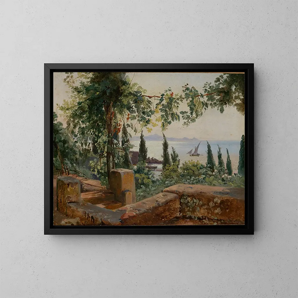 Italian maisemasuunnitelmasta merinäköalalla - Johann Baptist Kirner — kehystetty taideteos seinällä