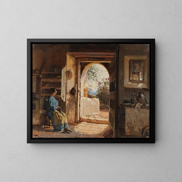 Italian interior maalaus, jossa istuva nainen jauhaa kahvia, tarjoten näkymän puutarhaan ja mereen - Johann Baptist Kirner — kehystetty taideteos seinällä