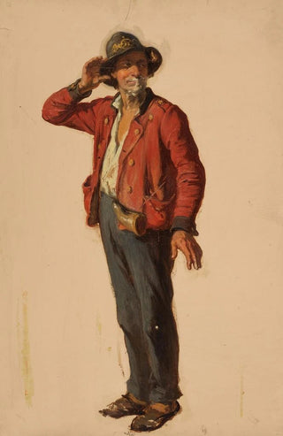 Johann Baptist Kirner - Nach rechts stehender Mann mit Hut und roter Jacke.webp