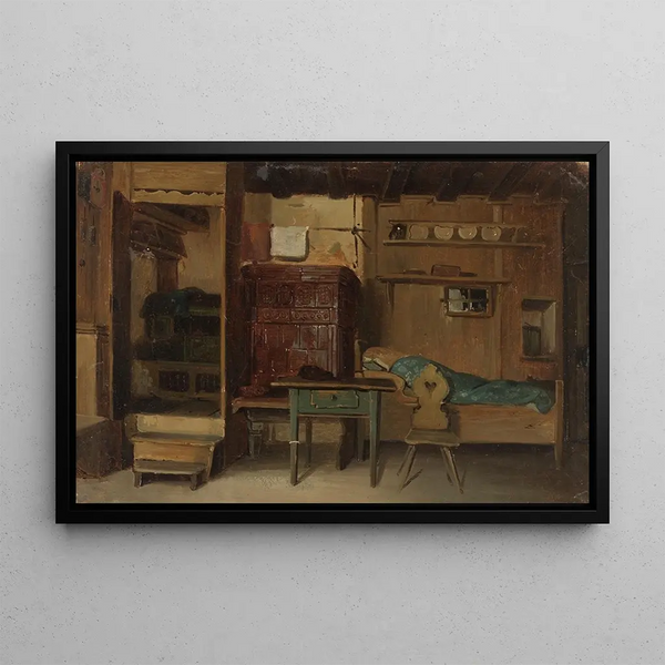 Johann Baptist Kirner - Schwarzwlder Bauernstube mit Bett und Sitzbank am Kachelofen.webp
