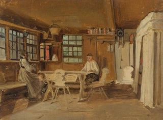 Salle paysanne de la Forêt-Noire avec une paysanne à tricoter et un paysan lisant - Johann Baptist Kirner — näkymä teoksesta